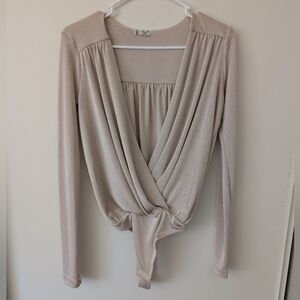 Free People Intimately Womens Small Deep V Bodysuit Beige Cottage Fairy Boho